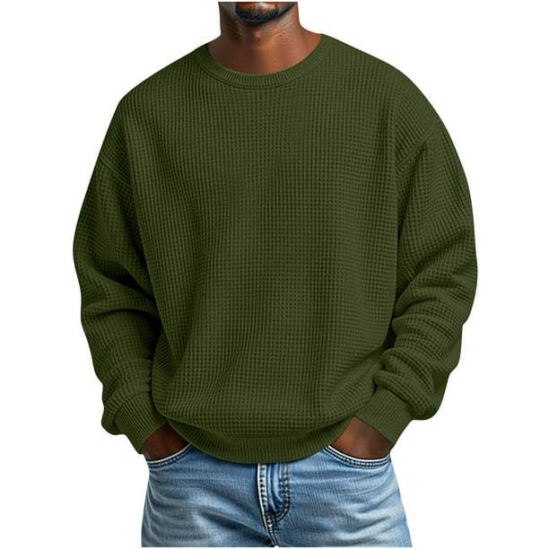 Ceisia Mens Long Sleeve Pullover Loose Sweater Waffle Knit Round Neck Lounge Loose Type Army Green M Gift