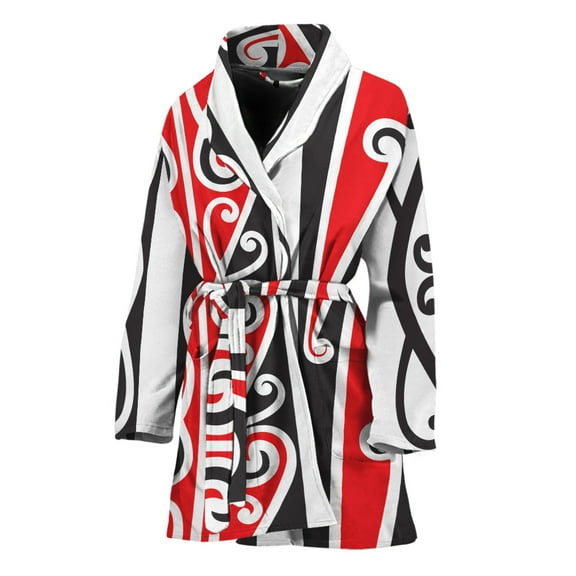 Maori Tribal Women Bathrobe One Size Univeral Fits, Polynesian Maori Traditional Fashion Lightweight Plush Fleece Long Robe For Women