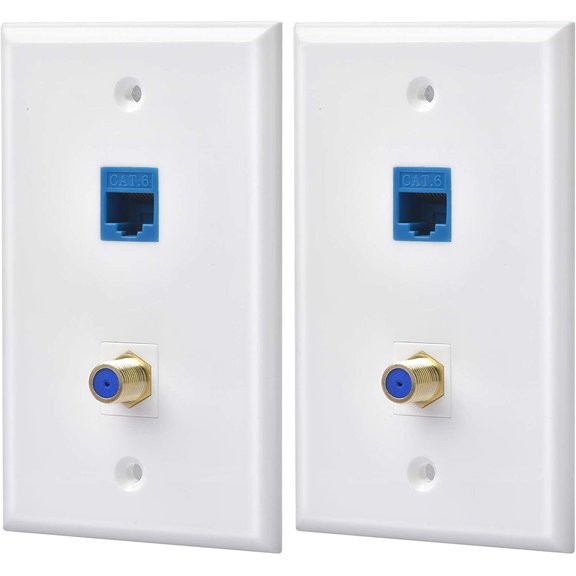 2 Packs Ethernet Coax Wall Plate Outlet with 1 Cat6 Port and 1 Gold-Plated Coax F Type Port RJ45 Wall Plates
