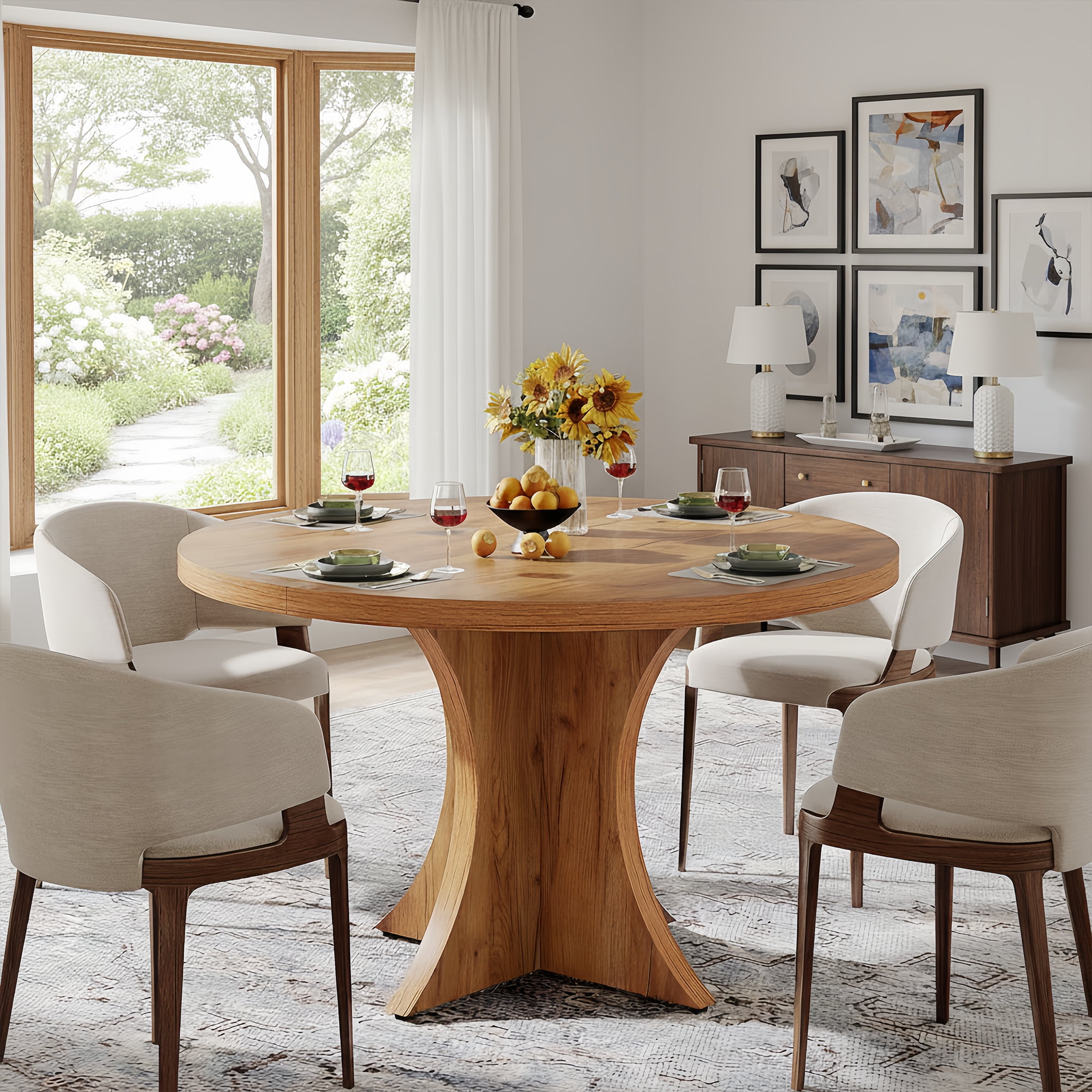 Farmhouse Round Dining Table, 47-Inch 4-6 Seater Wood Table with Pedestal Base, Small Space Kitchen Dinner Table for Dining Room Living Room, Brown