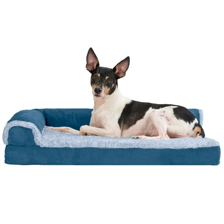 UPC: 0842229123821 | FurHaven Pet Products Two-Tone Faux Fur & Suede Deluxe L-Chaise Memory Top Sofa-Style Pet Bed for Dogs & Cats – Marine Blue Medium