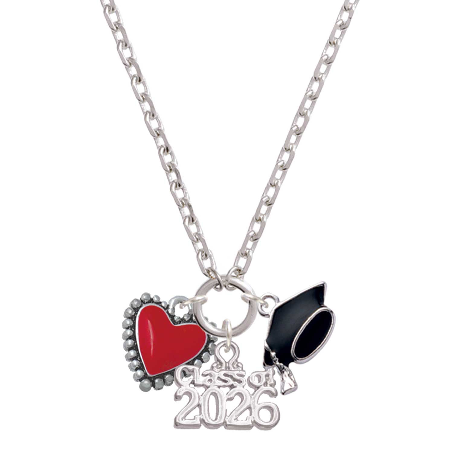 Delight Jewelry Silver-tone Red Heart with Beaded Border - Class of 2026 Graduation Zoey Charm Necklace, 28"