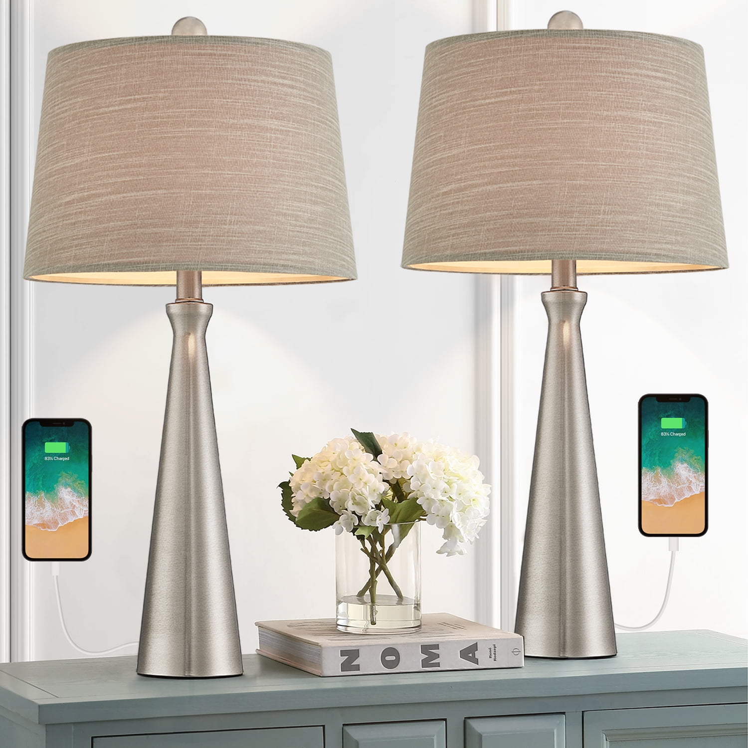 Oneach Modern Set of 2 Table Lamps with USB Port for Bedroom Living