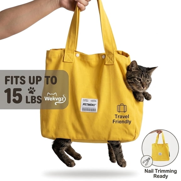 Cat Nail Trimming Carrier Bag, Portable Canvas Pouch with 4 Leg Holes and Safety Neck Lock for Pet Grooming Travel, Yellow