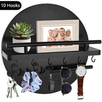 Yalumo Key Holder for Wall with Shelf and Hooks, 11.8 Inch Key Holder Wall mount Round Wooden Mail Organizer, Rustic Design Key Rack for Entryway Mudroom Hallway Kitchen Office Wall Decor, Black
