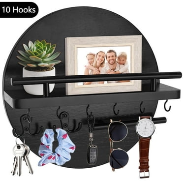 Yalumo Key Holder for Wall with Shelf and Hooks, 11.8 Inch Key Holder Wall mount Round Wooden Mail Organizer, Rustic Design Key Rack for Entryway Mudroom Hallway Kitchen Office Wall Decor, Black