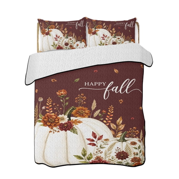 Full Size Quilt Bedding Set, White Pumpkins Fall Reversible Summer Quilt 3 Pieces, Thanksgiving Floral Botanical Brown Lightweight Bedspreads Coverlets with 2 Pillow Shams for All Seasons