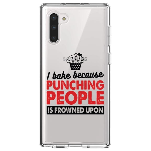 DistinctInk Clear Shockproof Hybrid Case for Samsung Galaxy Note 10 (6.3" Screen) - TPU Bumper Acrylic Back Tempered Glass Screen Protector - I Bake Because Punching People is Frowned Upon
