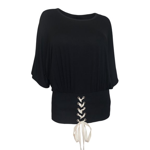 eVogues Women's Lace Up Detail Dolman Sleeve Top Black