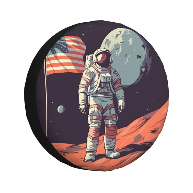 Fotbe Astronaut With American Flag Funda de Llanta de Repuesto con Estampado, Engrosada, Ajuste Universal para Jeep, Remolque, RV, SUV, Camión-14 inch