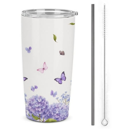 

Purple Hydrangea And Butterflies Pattern Tumbler with Lids And Straws Insulated Cup Reusable Stainless Steel Water Bottle Travel Mug