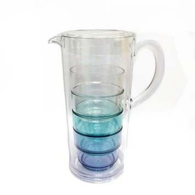 Pichet en Acrylique pour Thé/eau 1,6 L et Ensemble de 4 Gobelets Empilables avec un Pichet en Acrylique transparent avec Poignée et Bec, Contenant Quatre Gobelets Empilés à l'Intérieur dans des Tons Bleus Neutres et Subtils, Conçu pour une Vaisselle de Boisson durable au Quotidien et un Nettoyage Facile, Idéal pour Servir du Thé Ou de l'Eau.