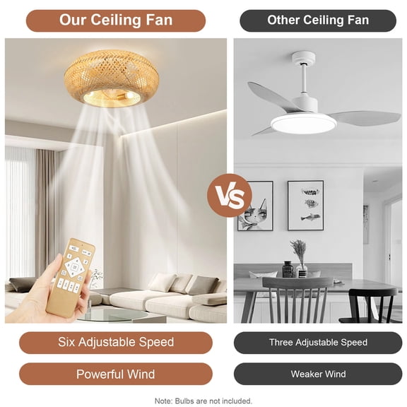 Shzicmy 20" Farmhouse Boho Rattan Woven Bamboo Ceiling Fan with Light & Remote Control !