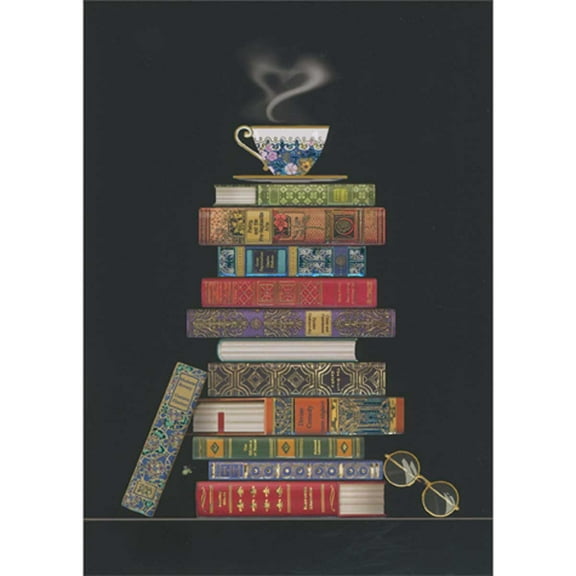 Bug Art Coffee Cup on Book Pile with Gold and Blue Foil Accents Blank Note Card