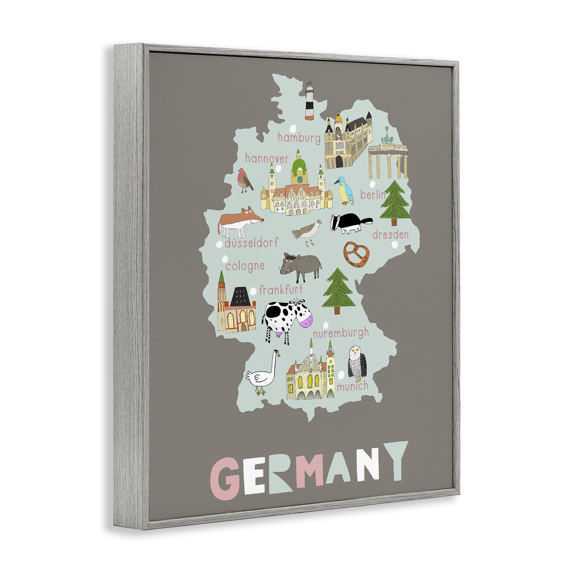 Kid's Map of Germany Gray Framed Giclee Art, design by Carla Daly
