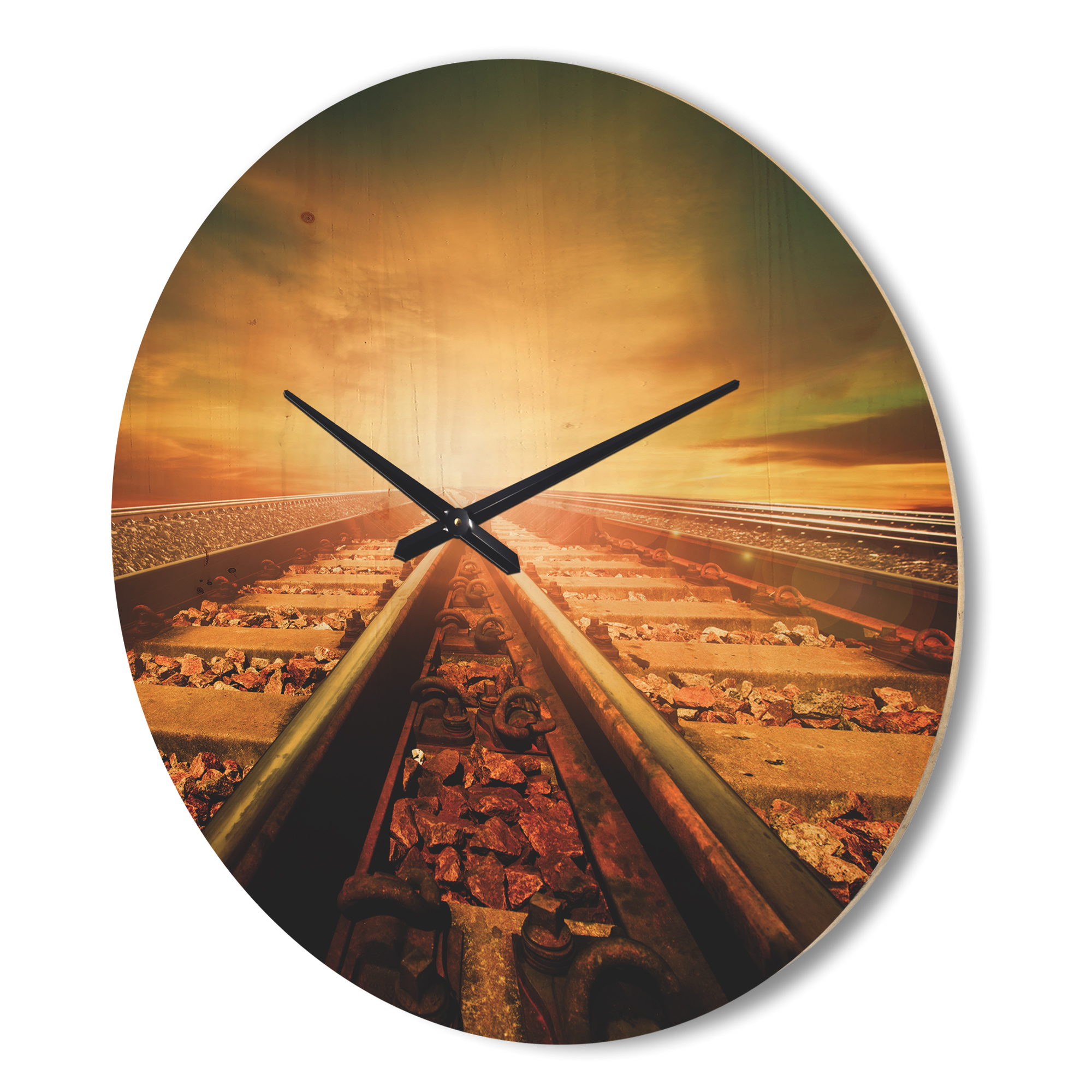 Designart 'Junction of Railways Track At Sunset' Modern Wood Wall Clock