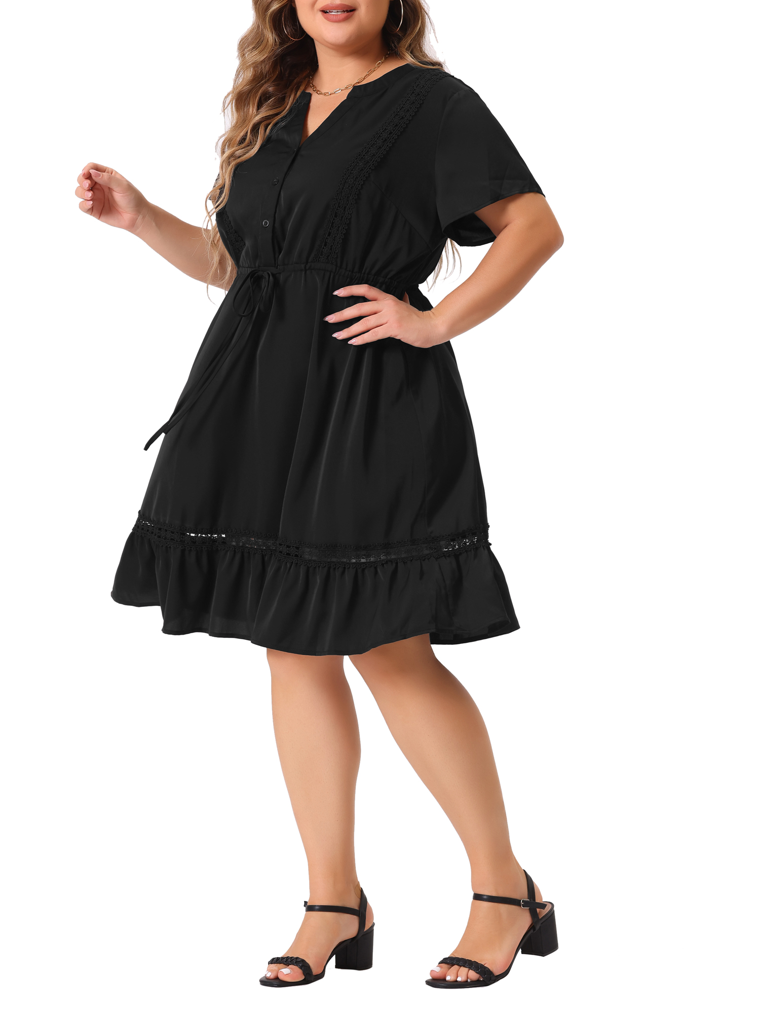 DARING DIVA Plus Size Button V Neck Midi Ruffle A Line Swing Dress 4X Black