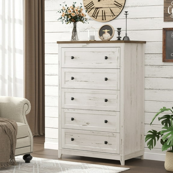 Lifewit Farmhouse 5 Drawers Dresser for Bedroom, Dressers & Chests of Drawers, Tall Wooden Dresser Organizer for Bedroom, Living Room, Hallway, Entryway, Rustic White