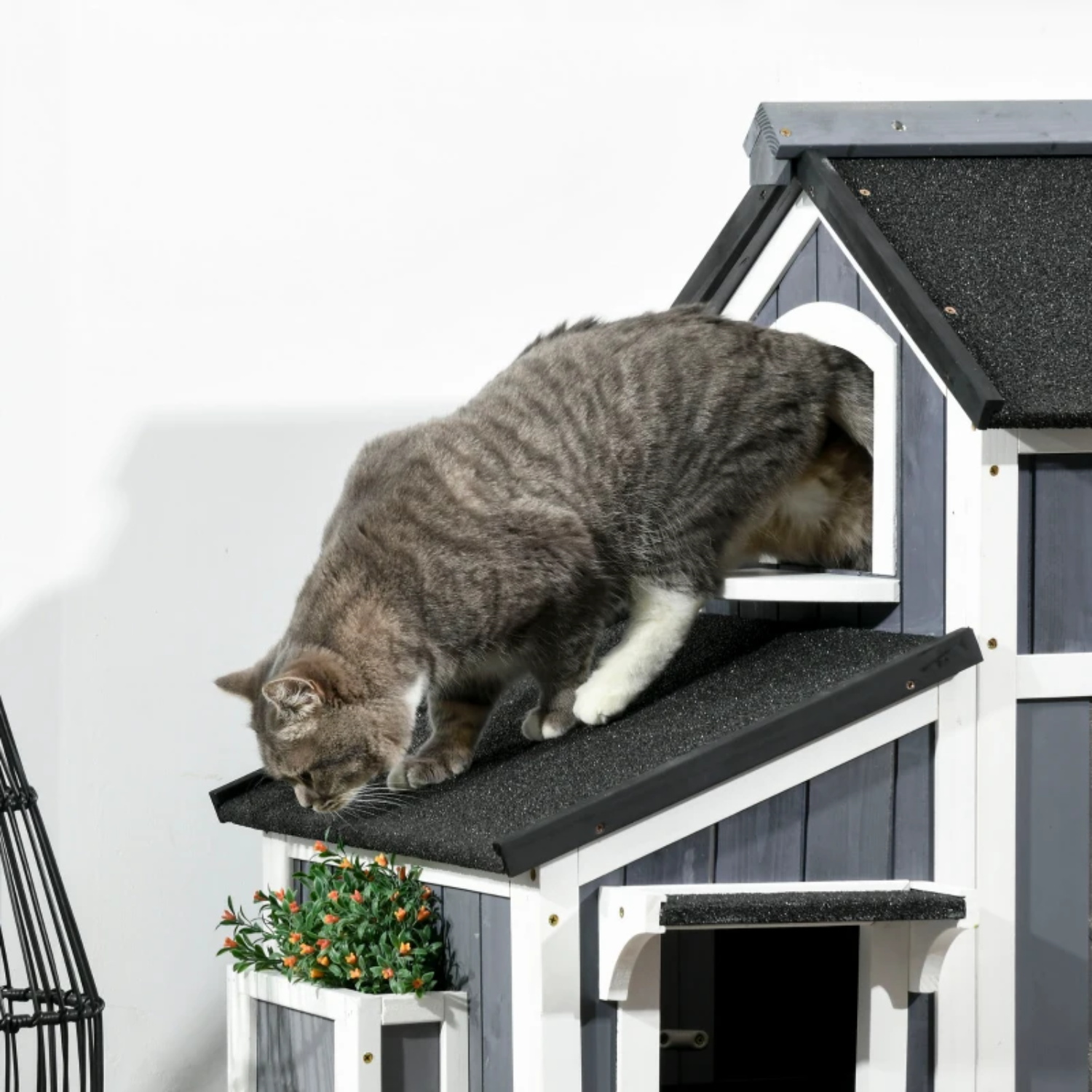 Pefilos 39" Wood Elevated Cat House with Escape Door, Outdoor Weatherproof 2-Story Feral Cat Shelter for Cats and Small Dogs, Gray