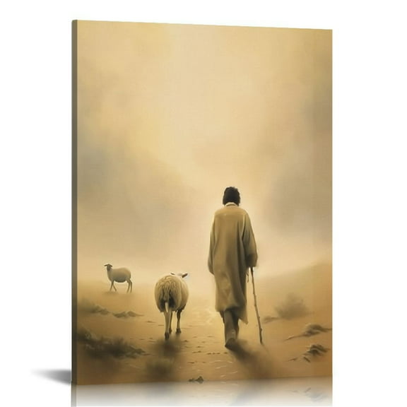 JEUXUS Jesus and Lamb Canvas Wall Art, Jesus Running After Lost Lamb Picture, Jesus Leaves The 99 Religious Wall Art Canvas Print, Minimalist Christian Paintings Churches Home Decor Gift