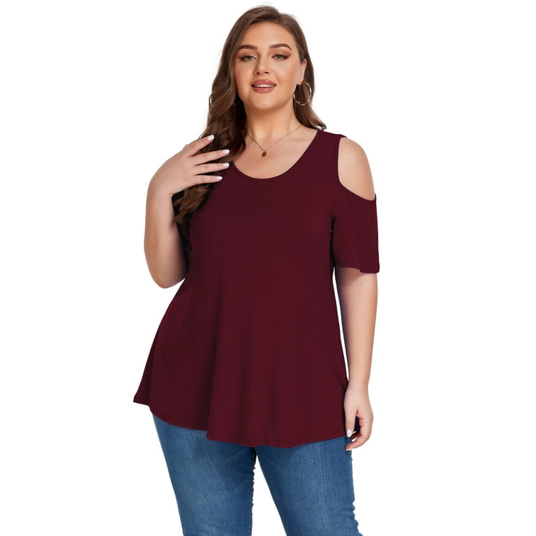 Cueply Plus Size Tops for Women Summer Short Sleeve Shirts Cold Shoulder  Blouse Crewneck Tunic 1X-4X