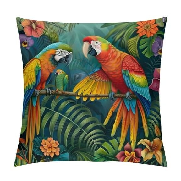 Parrots Flowers Plants Graphic Decorative Cushion Throw Pillow Cover for Home Couch Living Room Bed Sofa Zipper Closure Short Plush 1PC 12x12in