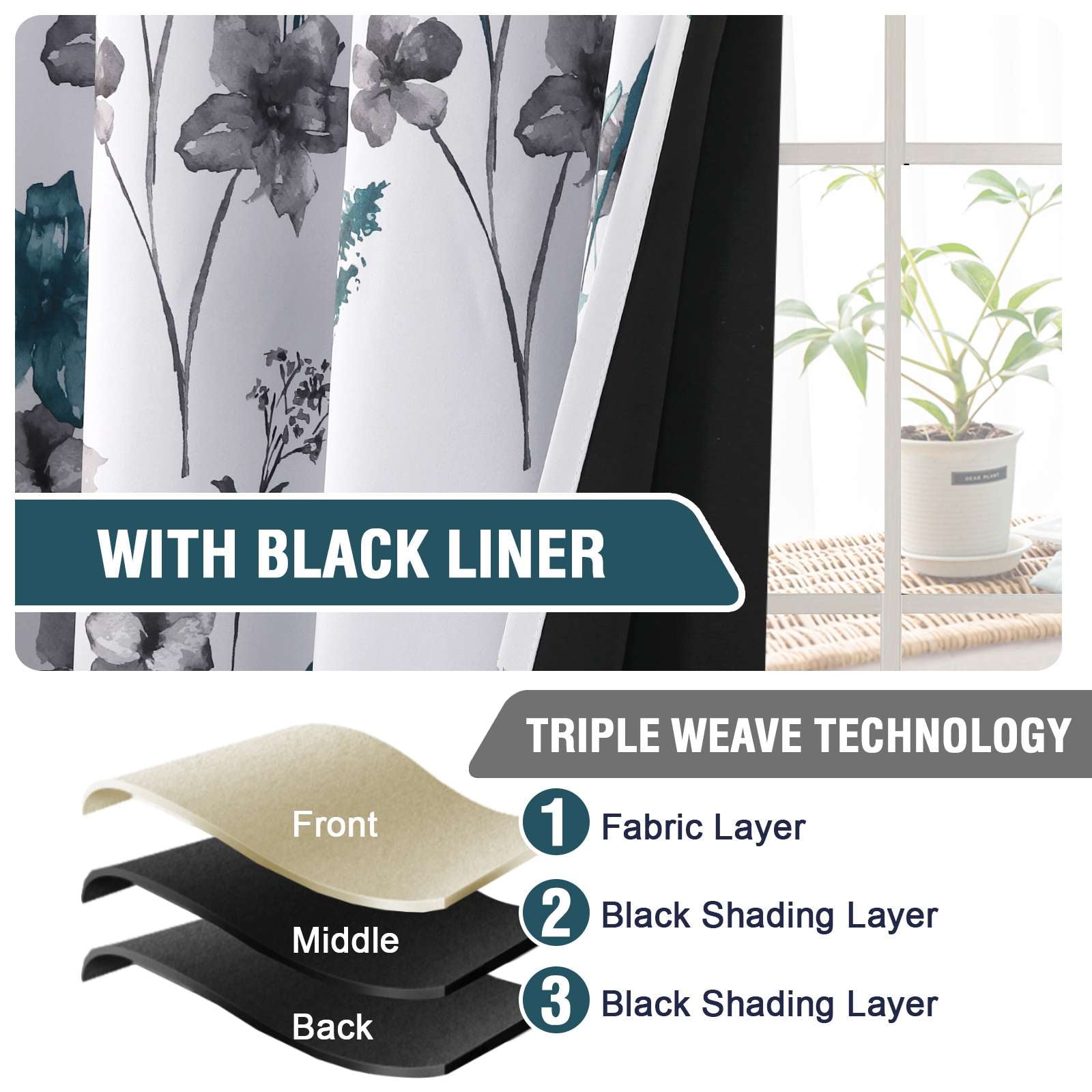 H.VERSAILTEX 100% Blackout Curtains Cattleya Floral Printed Drapes Leah Floral Thermal Bedroom Curtains for Living room with Black Liner 2 Panels,52" x 108",Grey/Teal