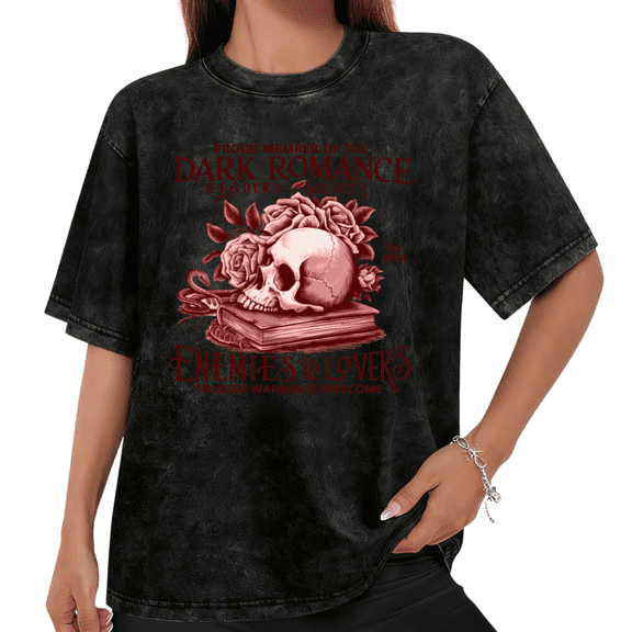 Women Dark Romance Readers Society Skull Rose Book Graphic Tees T Shirt Tops Round Neck Cotton Washed T Shirt Black S-2XL Plus Size