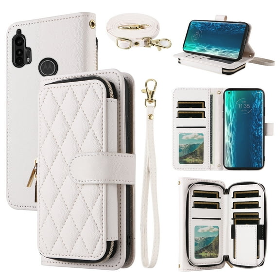 Dswteny Argyle Wallet Case for Moto Edge Plus 2020 with Wrist Strap Shoulder Strap, PU Leather Flip Credit Card Holder Stand Accessories Cell Phone Cover for Motorola Edge XT2061 Women Girls White