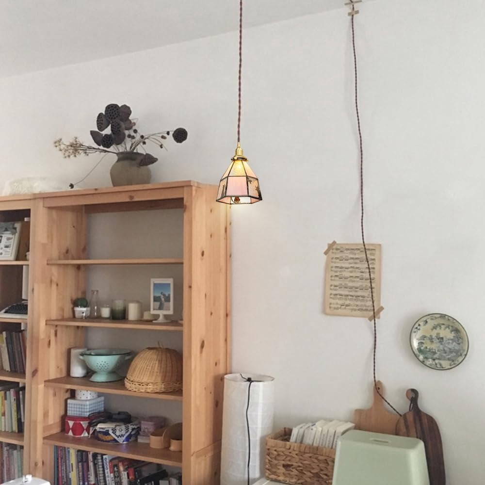 Kiven Plug in Pendant Light, Farmhouse Hanging Light Fixture with Remote and Stained Glass Lampsade, E26 Socket Dimmable Pendant Light for Bedroom Hallway Kitchen DZ0489