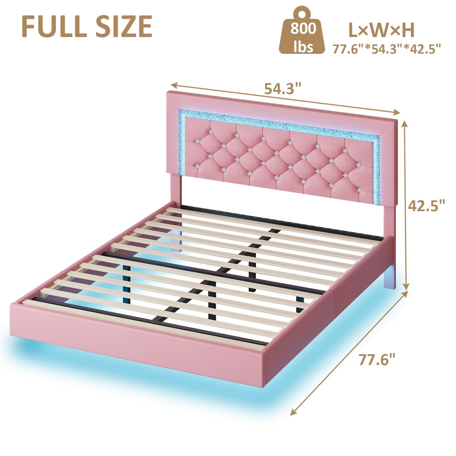 4 EVER WINNER Full Floating Bed Frame with LED Lights, LED Upholstered&nbsp;Platform Bed Frame with Diamond Tufted Headboard, Pink LED Bed Frame for Bedroom, Pink