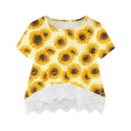 

ZMHEGW Toddler Girls Casual Tunic Floral Flowers Prints Lace Tops Short Sleeve Loose Soft Blouse Tshirt Top