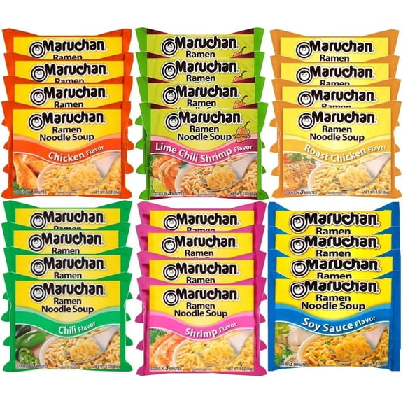 Maruchan Ramen Instant Noodle Soup Variety Mix 24 Packs, 6 Flavors - 4 Lime Chili Shrimp, 4 Chicken, 4 Roast Chicken, 4 Oriental, 4 Chili , 4 Shrimp Lunch / Dinner Variety