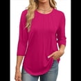 thumbnail image 2 of Blusas de Mujer con Mangas 3/4, Cuello Redondo, Túnicas Casuales, Camisas Plisadas Básicas, Corte Holgado, 2025 Rosa Roja L, 2 of 5