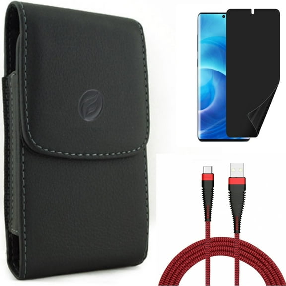 Case Belt Clip w 10ft USB Cable w Privacy Screen Protector for Samsung Galaxy S20 - Leather Holster, Type-C Charger Cord, TPU Film [NOT GLASS] X3W fits Samsung Galaxy S20 Model