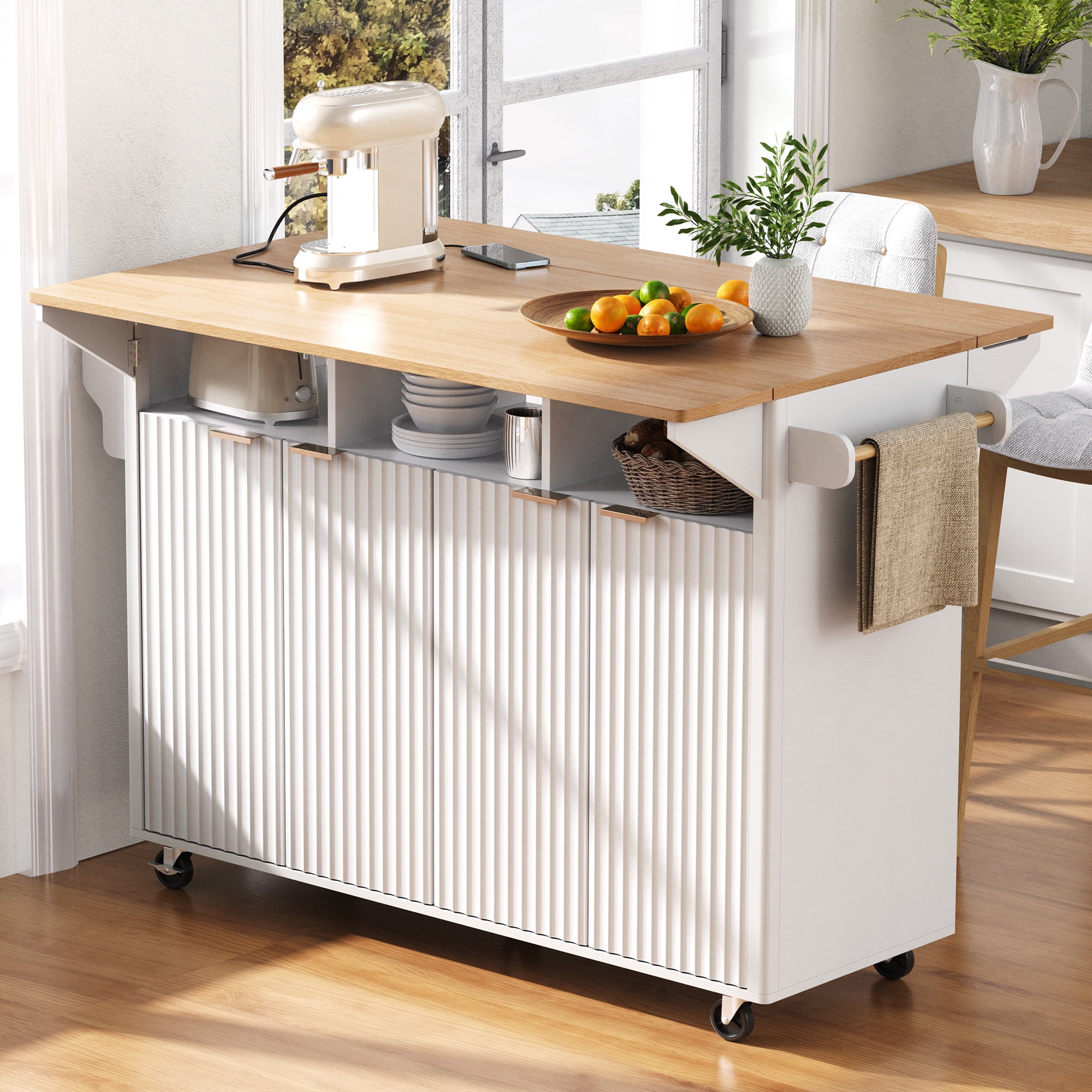 Euroco 55.5" Fluted Kitchen Island with 2 Drop Leaf, Kitchen Storage Cart with Power Outlet, 4 Doors, Spice rack, Rolling Island Table with Wood-grain Top, Curved Edge