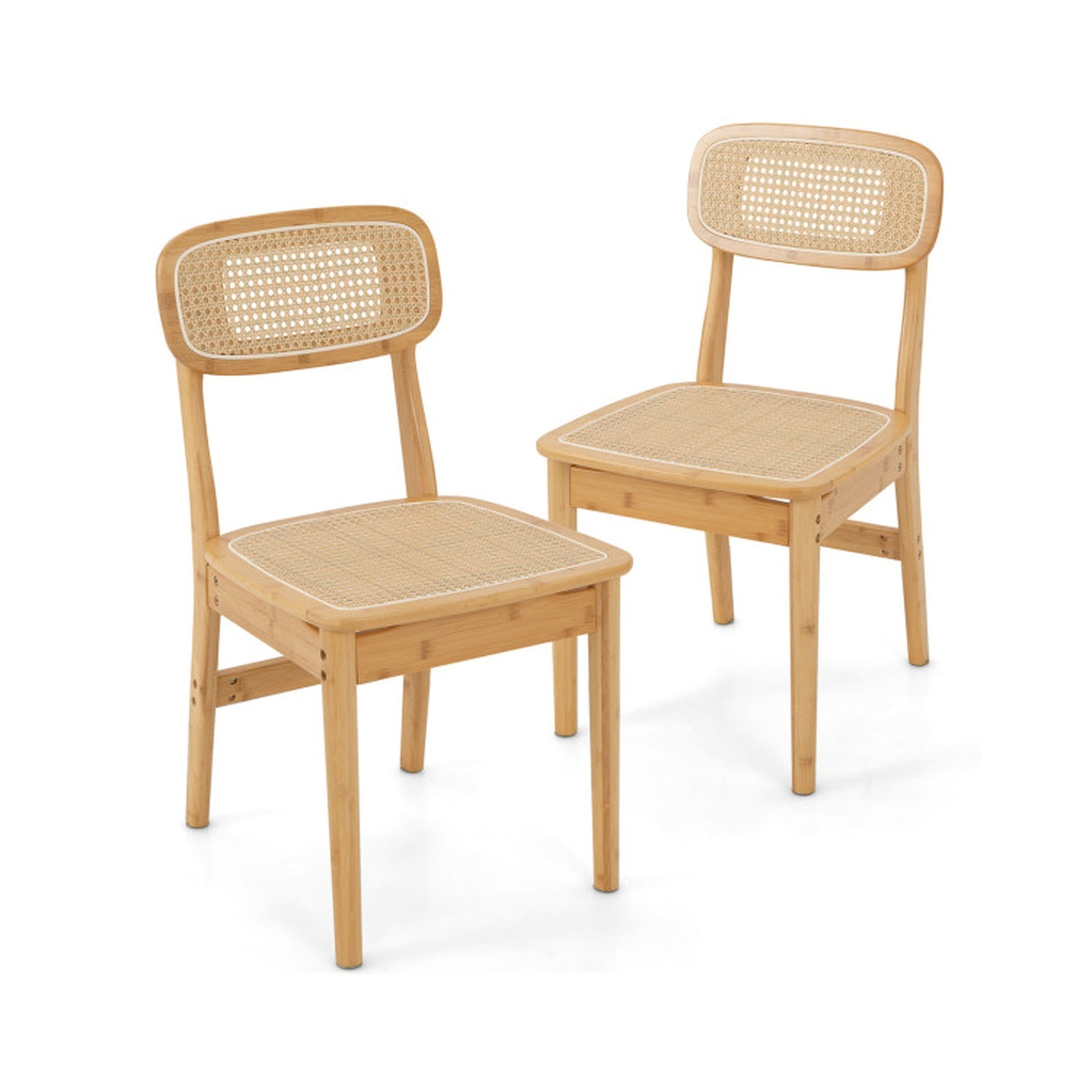 Furnibear Rattan Dining Chairs Set of 2 with Hollow Out Backrest and Wooden Legs Natural