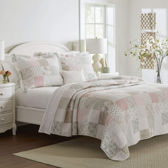 Laura Ashley - Twin Quilt Set, Reversible Cotton Bedding with Matching Sham, Patchwork Inspired Home Decor (Celina Patchwork Pink/Sage, Twin)