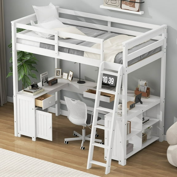 Bellemave Full Size Loft Bed with U-shaped Desk,Wood Loft Bed Frame for Teens with Drawers and Storage Shelves,No Box Spring Needed(White)