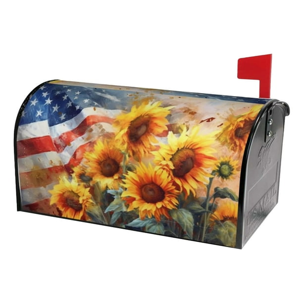 Fundas magnéticas para buzones de correo con diseño de girasoles de acuarela con bandera americana, tamaño estándar, primavera, verano, floral, para decoración de buzones de correo, para vacaciones, e