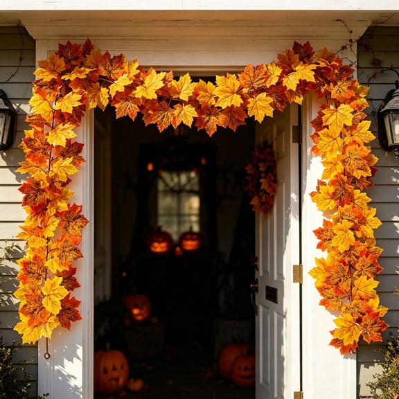 Multicolor Artificial Fall Maple Leaf Garland, Realistic Cloth Hanging Foliage Decor For Halloween Thanksgiving Fireplace Wall Porch Wedding Party Indoor Outdoor Home Seasonal Decoration