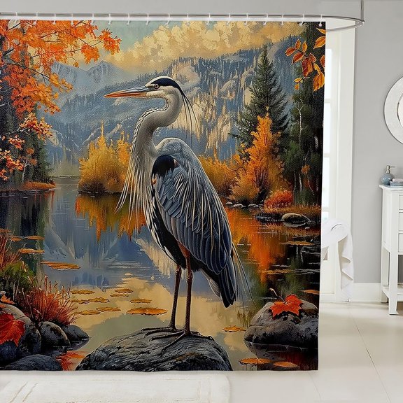 Autumn Heron Shower Curtain Landscape Waterproof Fabric Bathroom Decor with Hooks 71x71 inches