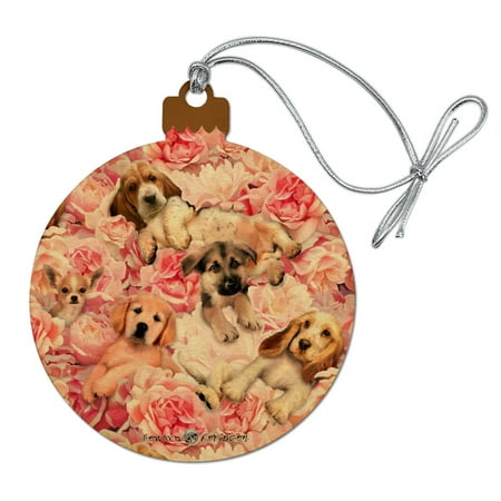 Puppies Dogs Pink Flowers Pattern Wood Christmas Tree Holiday