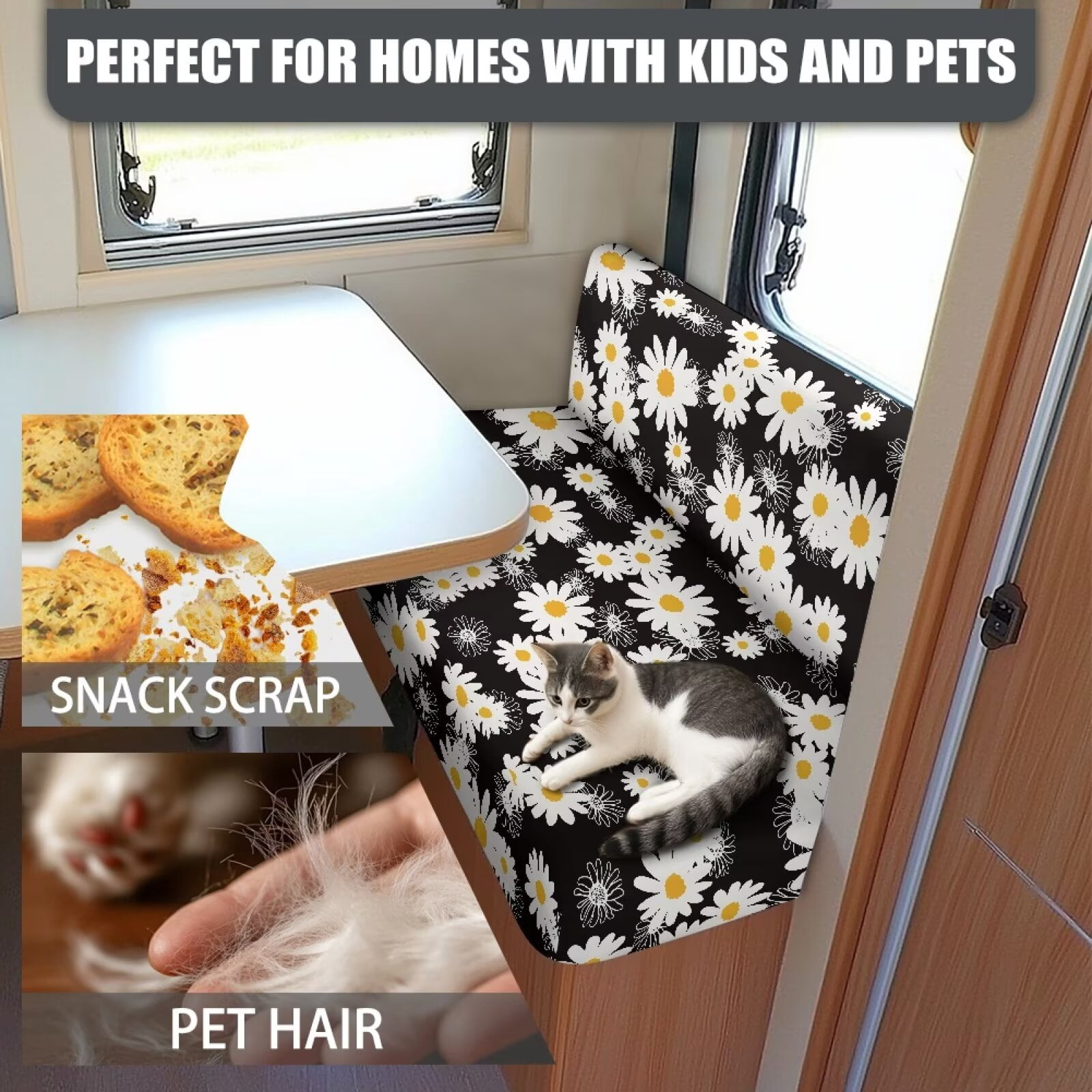 XYZCANDO Cute Daisy RV Dinette Cushion Covers Universal RV Accessories Outdoor Travel Use Comfortable Bench Cushion Stretchable Couch Cover 2 Cushion Sofa Washable Sofa Cover Gifts for Friend