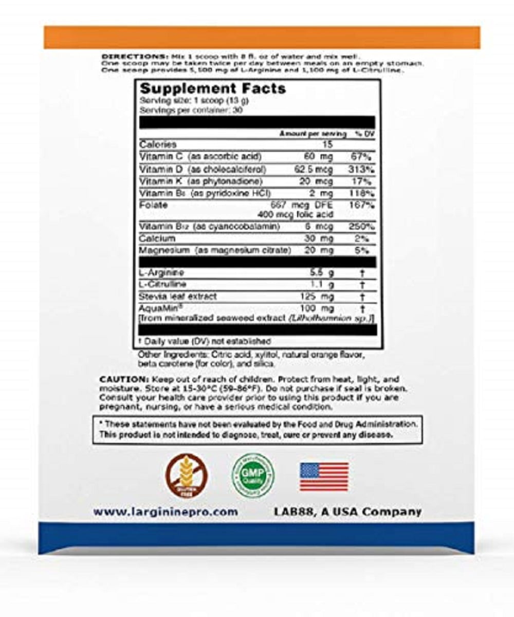 L-Arginine Pro Powder - 5500mg L-Arginine, 1100mg L-Citrulline Cardio Health - Orange, 2 Bags (60 Packets)