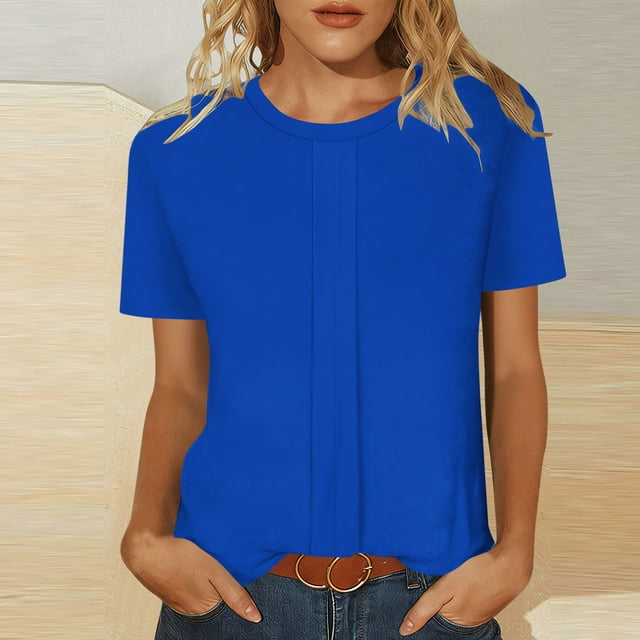 HongQid Womens Tops Summer Short Sleeve Crewneck Pleated T Shirts Fashion Basic Tee