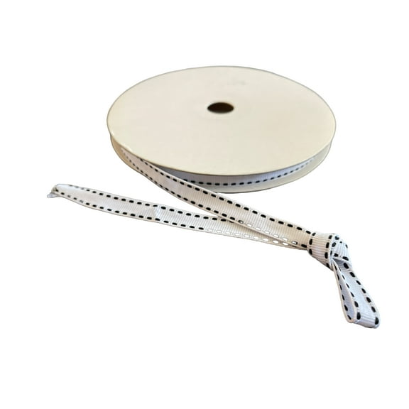 CHARMED 3/8" Double Sided Grosgrain Ribbon with Stitches 25 Yards; White with Black Stitches