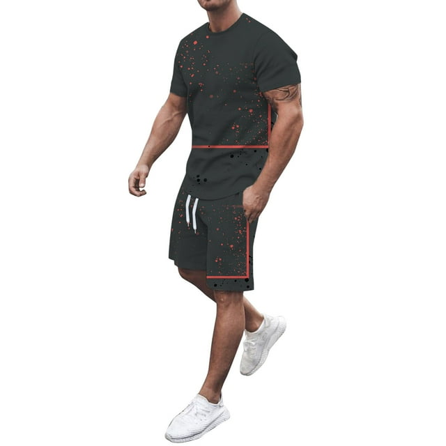 Kcodviy Costume d'Été Imprimé pour Hommes, T-Shirt à Manches Courtes, Costume de Fête pour Hommes, Haut à Col Rond, Short à Cordon, Costume d'Été pour Hommes