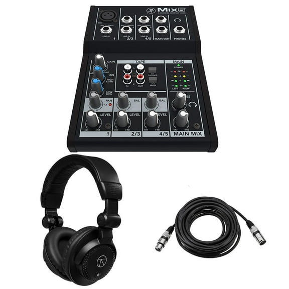 Mackie Mix5 5-Channel Compact Mixer, Bundle with TAPH100 Closed-Back Studio Monitor Headphones and 25' Value Series XLR Microphone Cable