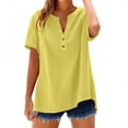 thumbnail image 2 of Holzkary Women's Cotton Linen Blouses Short Sleeve Henley Shirts Button Down V Neck Casual Work Tops Yellow M, 2 of 6